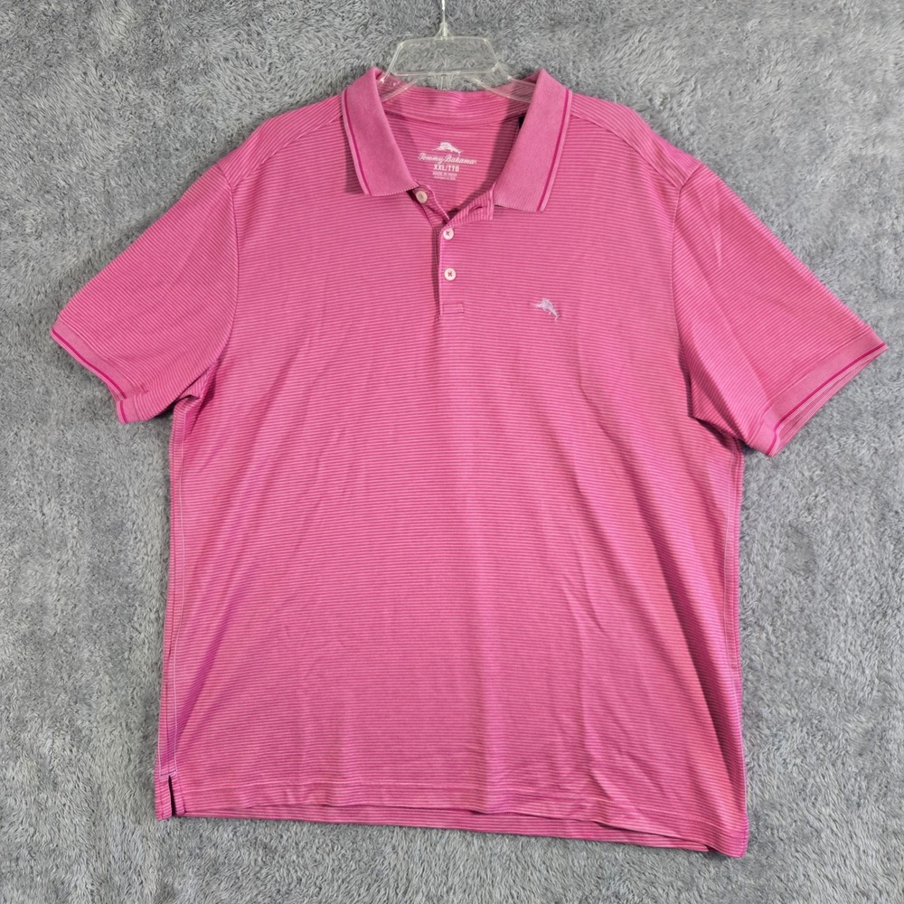 Tommy Bahama Mens XXL Pink Striped S/S Polo Shirt Marlin Logo Cotton Blen